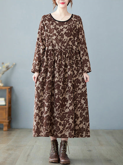 vmtvr - Artistic Retro Ramie Cotton Floral Printed Pleated Round-Neck Long Sleeves Midi Dress