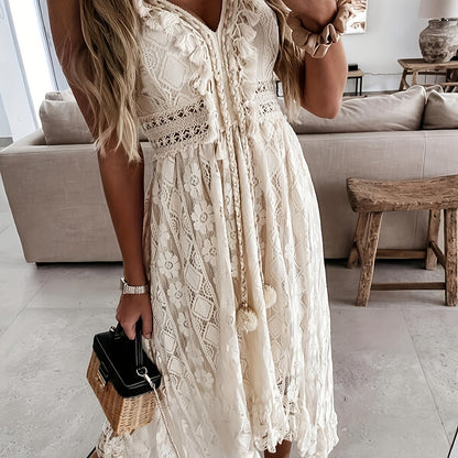 Boho Spaghetti Strap Sexy V-Neck Lace Hem Maxi Swing Sundress Vacation Beachwear Dresses, Women's Clothing