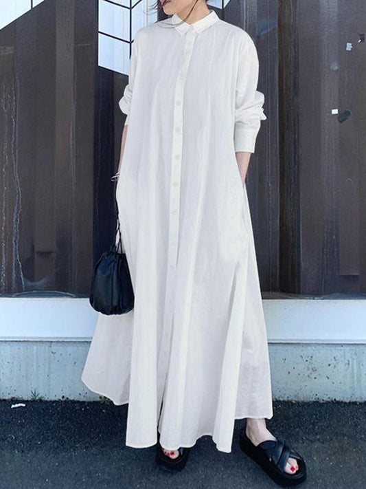 Long Sleeves Loose Solid Color Lapel Maxi Dresses Shirt Dress