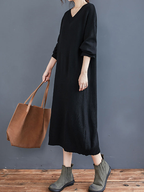 Loose Casual Solid Color V-Neck Long Sleeves Knitted Midi Dress