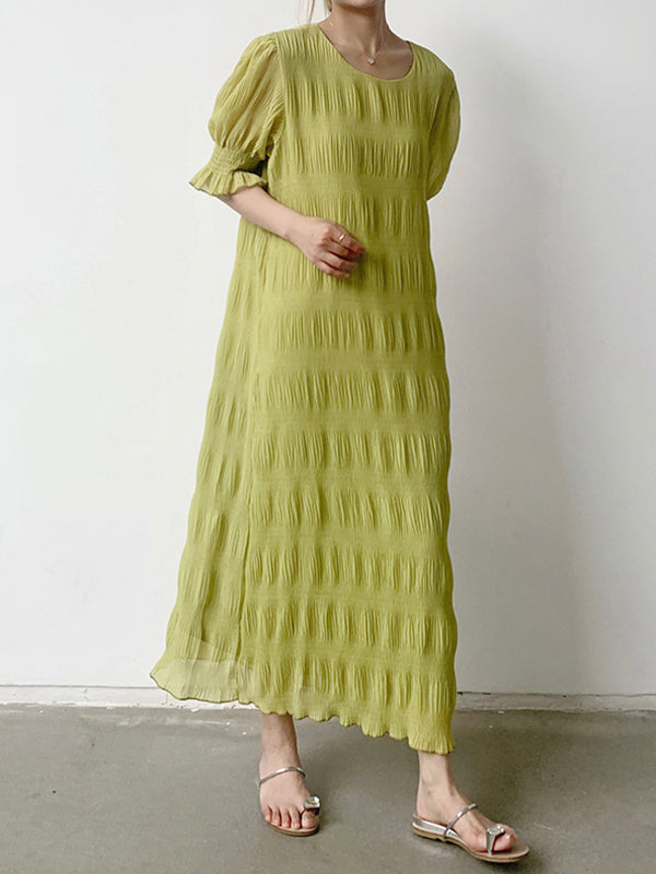 vmtvr - Flared Sleeves Half Sleeves Pleated Solid Color Round-Neck Midi Dresses