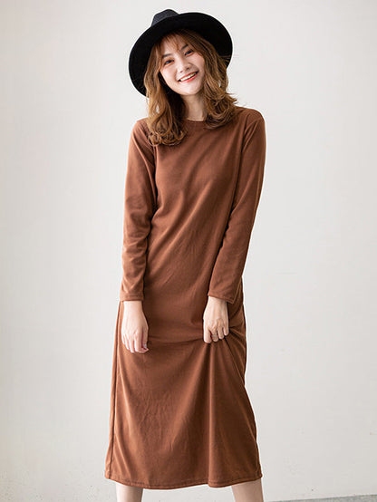 vmtvr - Simple Solid Color Round-Neck A-Line Midi Dress