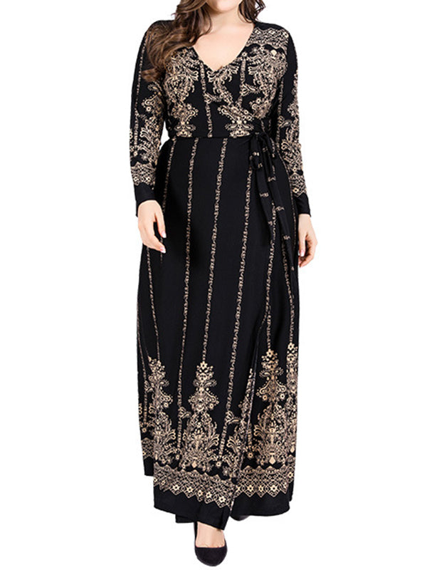 vmtvr - Long Sleeves Floral Printed Split-Joint V-Neck Maxi Dresses Plus Dresses