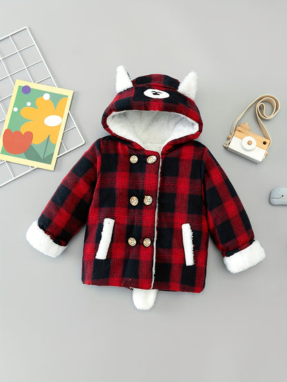 Boy's Cute Thermal Padded Jacket, Casual Warm Button Up Fleece Hooded Jacket For Outdoor Winter