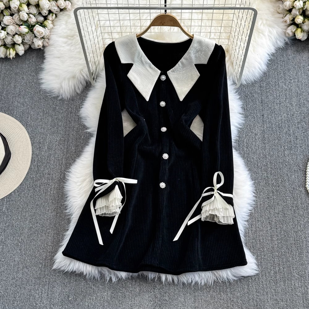 - Contrast color doll collar a-line corduroy dress GEU910