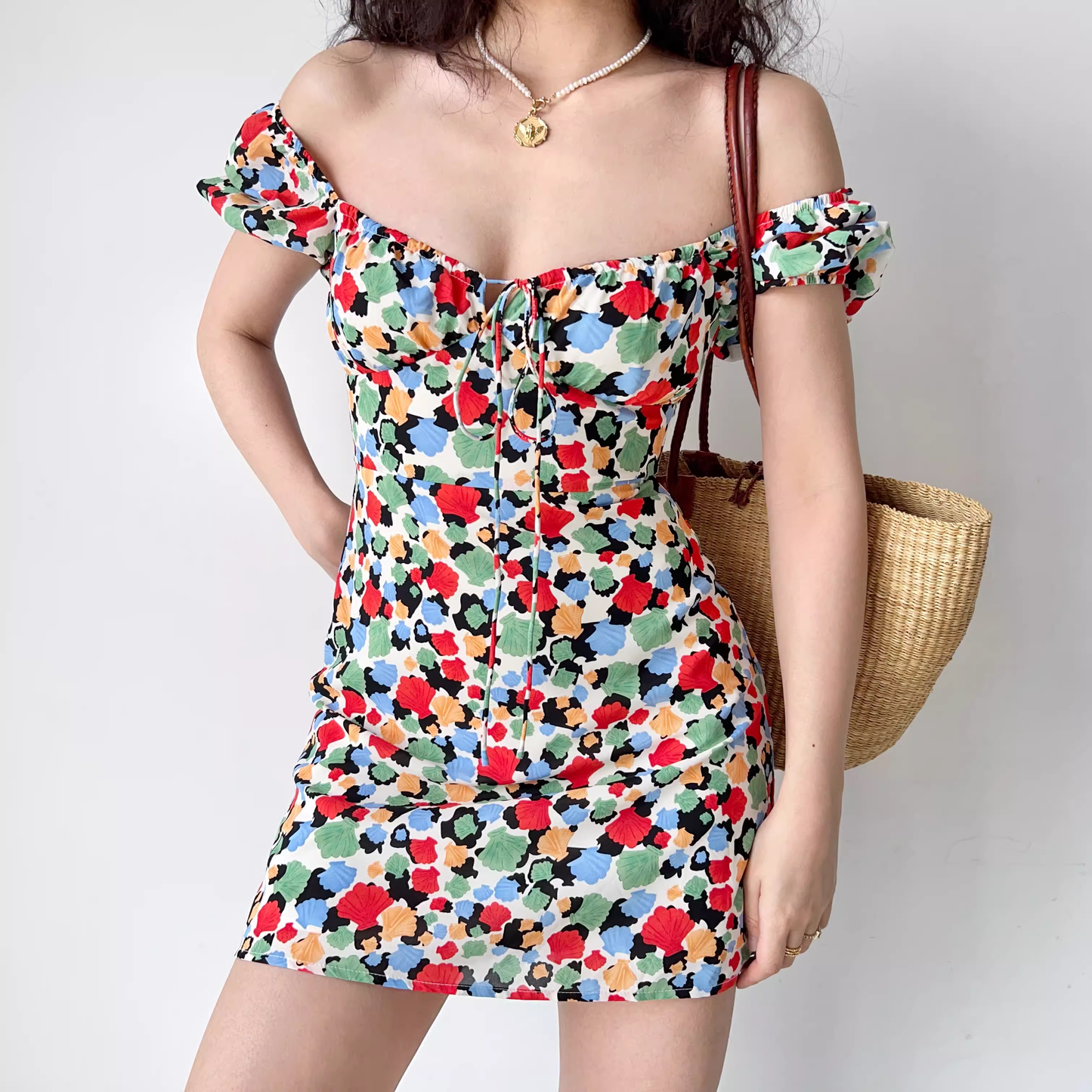 - Printed tie square neck bubble dress  GEU1310