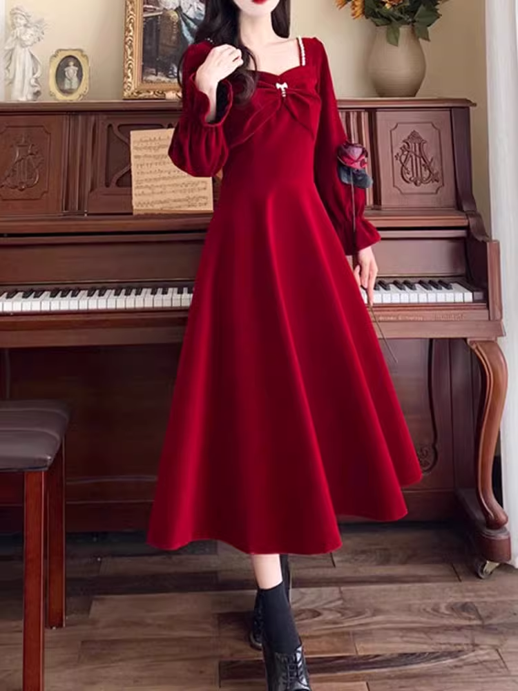 - red velvet dress autumn and winter GEU712