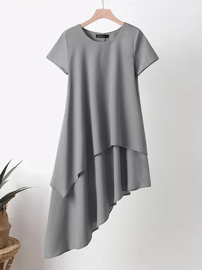 Plus Size Short Sleeves Asymmetric Solid Color Split-Joint Round-Neck Midi Dresses