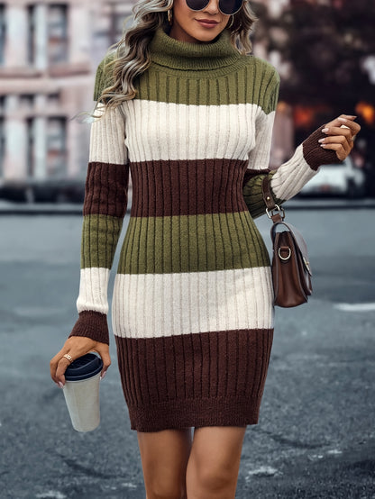 Striped Turtle Neck Knitted Dress, Elegant Long Sleeve Slim Fit Dress For Fall & Winter, Women's Clothing