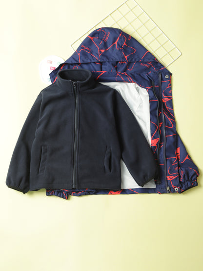 Boy's Lightning Pattern 3-in-1 Jacket, Detachable Liner Hooded Coat, Windproof, Waterproof And Warm Outerwear For Kids