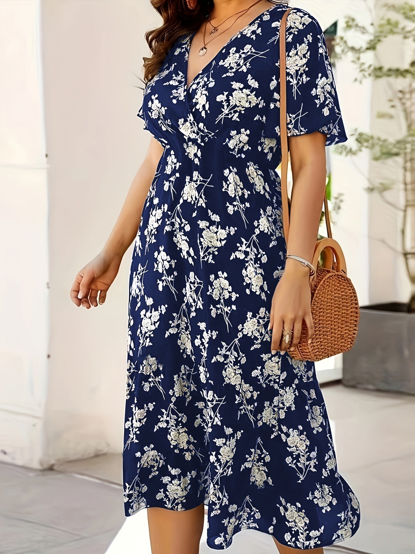 Floral Print High Waist Dress, Boho V Neck Short Sleeve Midi Dress, Women's Clothing