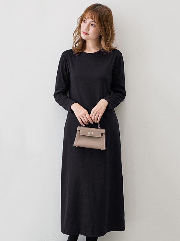 vmtvr - Simple Solid Color Round-Neck A-Line Midi Dress