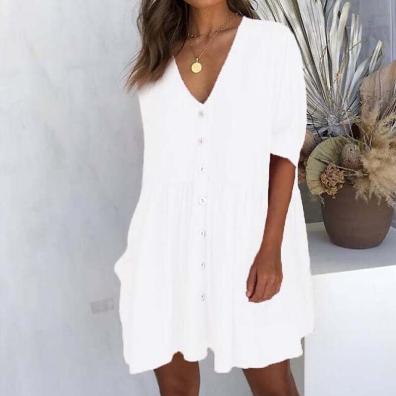 Women's Casual Dress Linen Dress Tiered Dress Mini Dress Black White Pink Short Sleeve Pure Color Ruched Winter Fall Spring V Neck Basic Daily Vacation Loose Fit S M L XL XXL 3XL