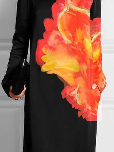 vmtvr - Long Sleeves Loose Flower Print Round-Neck Maxi Dresses