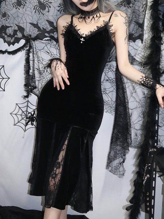 Sexy Spaghetti Strap Backless Velvet Woman Long Dress Gothic Cross Black Lace Patchwork Maxi Robe Harajuku Emo Partywear