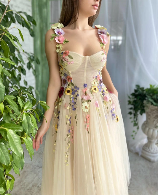 vmtvr Summer Tulle Knee Floral Gown Fairy Gown Cottage Corset Dress Prom Dress Bridesmaid Dress Princess A-line Knee Dress