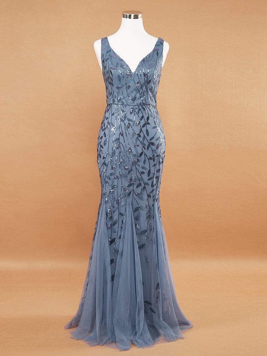 vmtvr - 2023 Silver Gray Elegant Fashion Evening Dresses Sexy Simple V Collar Open Back Sleeveless Embroidered Beads Fishtail Dress Gown