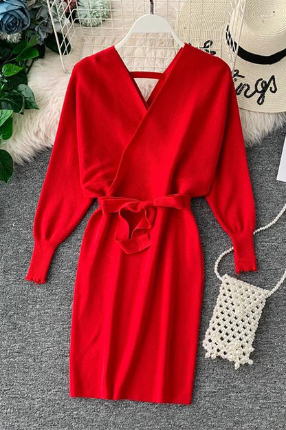 V Neck Off Shoulder Mini Dress