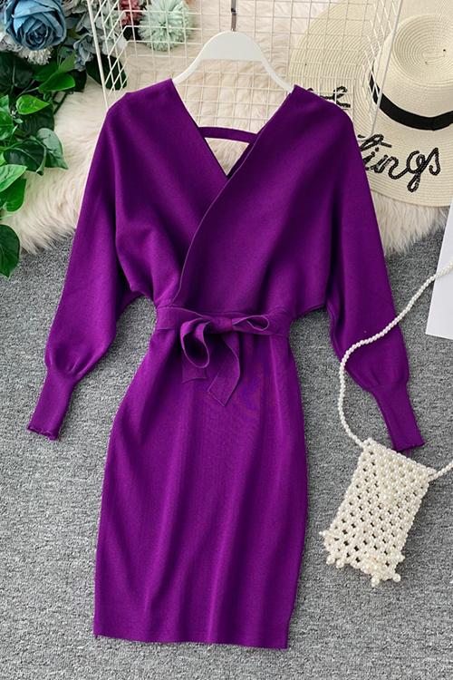 V Neck Off Shoulder Mini Dress