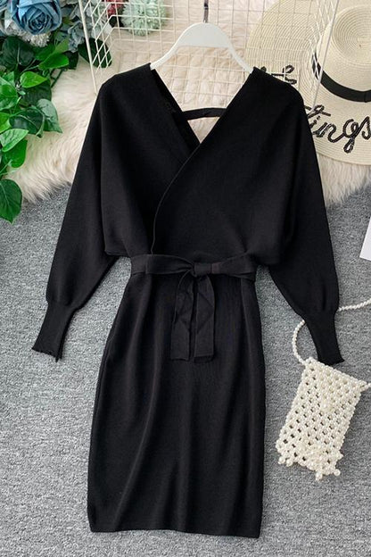 V Neck Off Shoulder Mini Dress