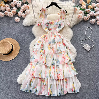 - Women's suspender floral dress summer chiffon dress  GEU506