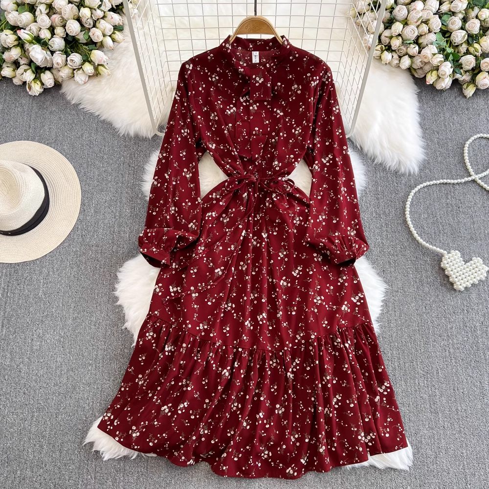 vmtvr- Lantern long-sleeved stand-collar mid-length a-line ruffle floral dress GEU585