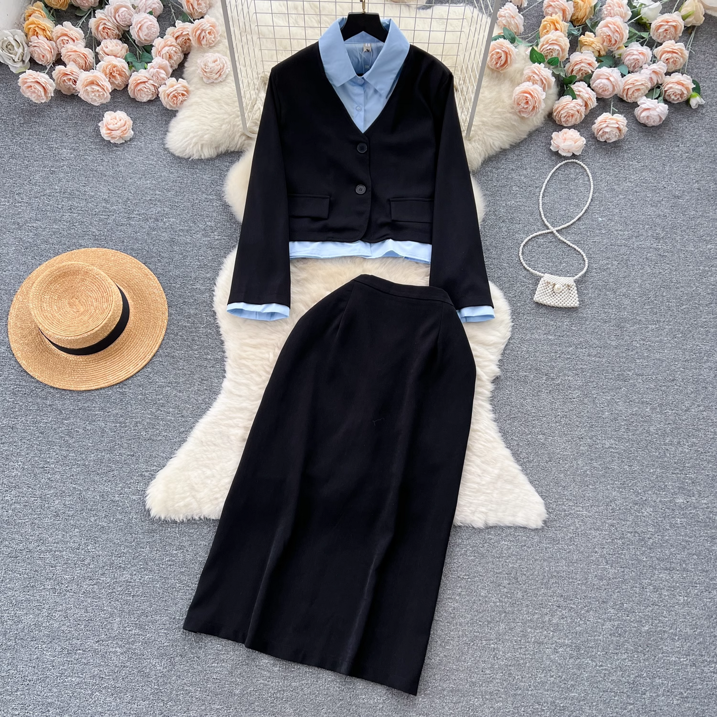 - Women's fake two piece shirt jacket versatile skirt two piece set ,two piece dress GEU613