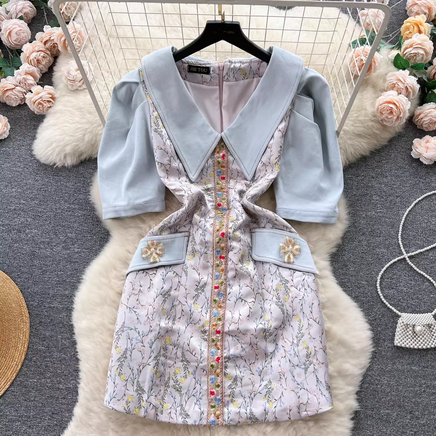 - Light luxury denim splicing heavy embroidery slim short dress for women summer GEU616