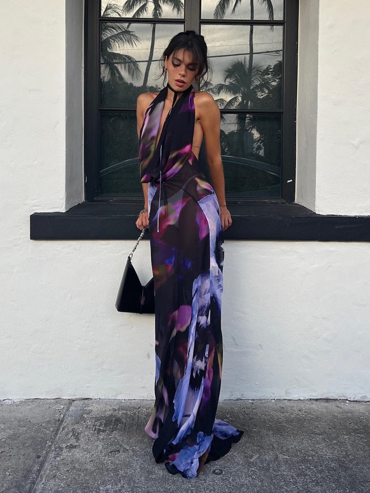 vmtvr Backless Maxi Dress Women Sexy Purple Print Halter Bodycon Dress Summer Beach Outfits Elegant Sleeveless Club Party Dress 2023