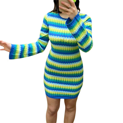 vmtvr Elegants Dress For Women O-Neck Autumn Knitted Dress Collision sweater long sleeve round neck striped dress