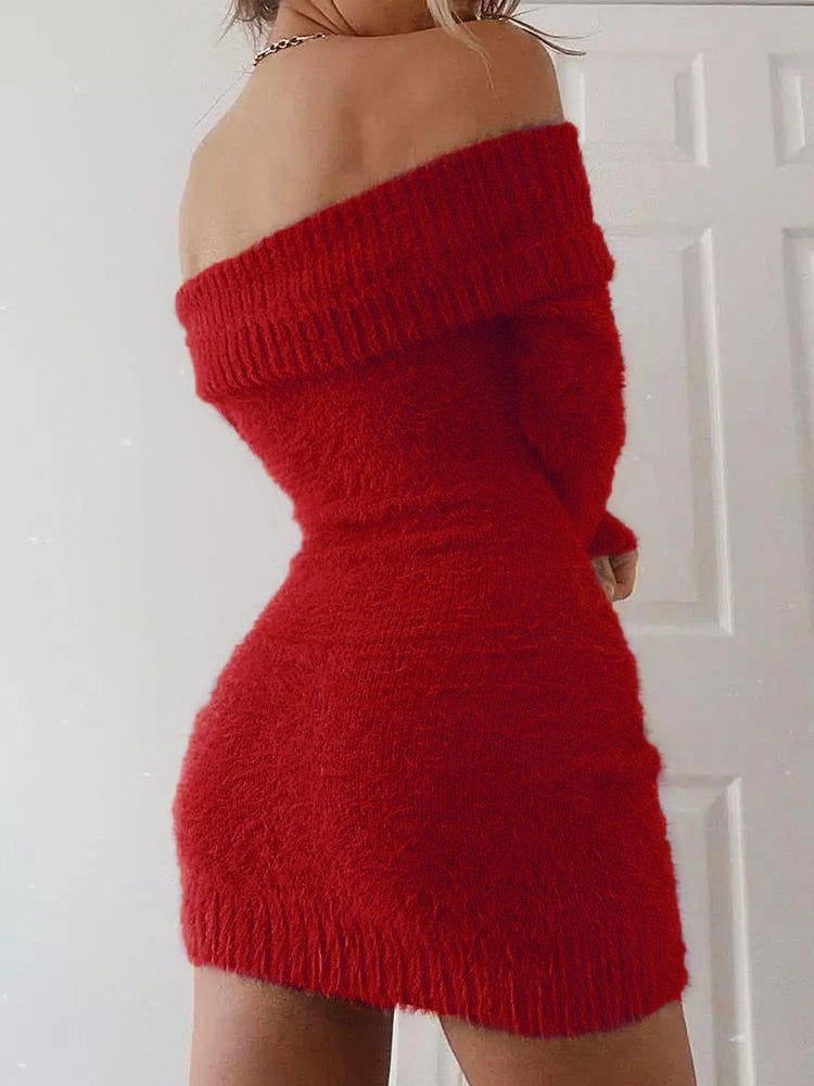 Sweater Dress for Women Slim fit Sexy Bodycon Off Shoulder Knitted Dresses Warm Red Color Soft Party Cootail Fall Winter Dress