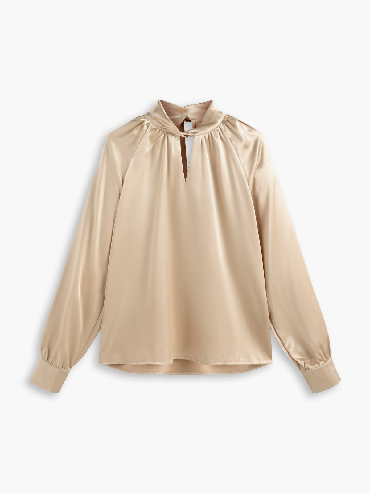 - Oatmeal Satin Twist Neckline Long Sleeve Blouse