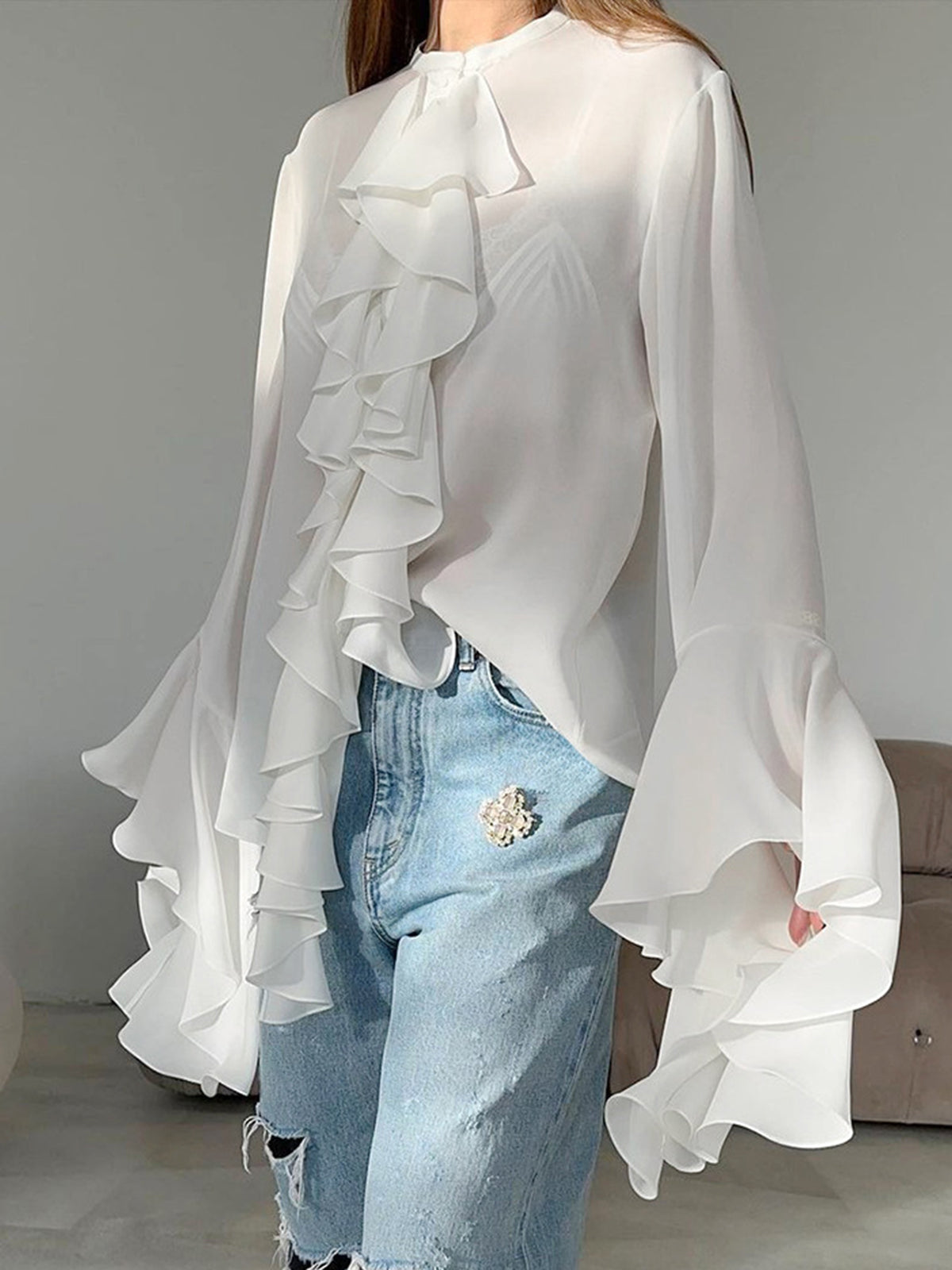 - Semi-sheer Chiffon Ruffled Trim Blouse