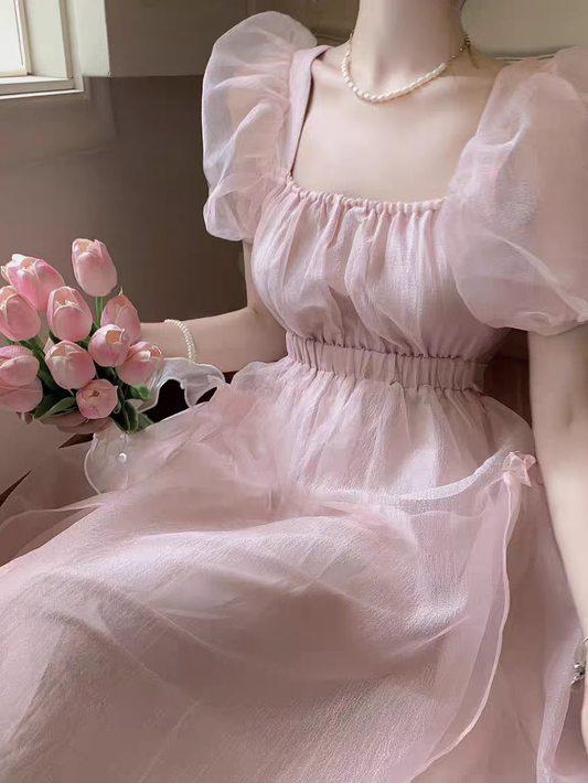 - Pink backless dress for women summer puff sleeve long dress GEU1503