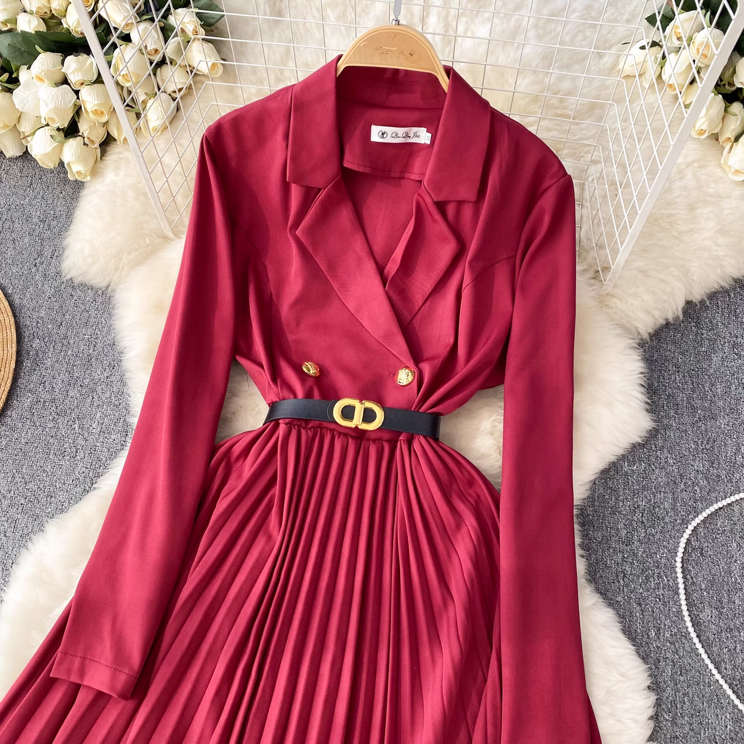 - women's suit collar dress high waist pleated dress GEU798