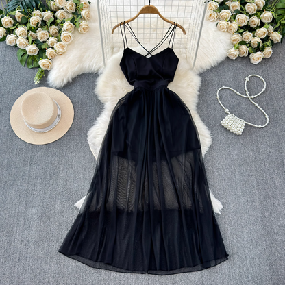 - Black A-line V Neck Tulle Dress GEU1042