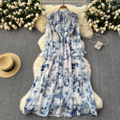 - Retro elegant ink print chiffon dress GEU1087