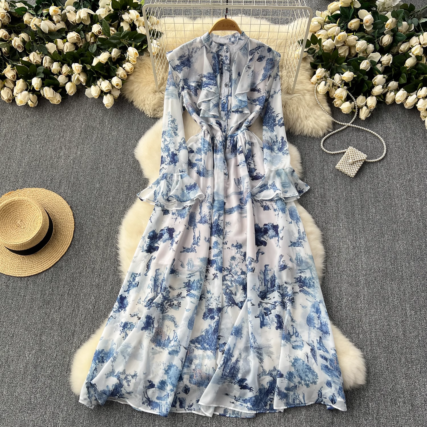 - Retro elegant ink print chiffon dress GEU1087