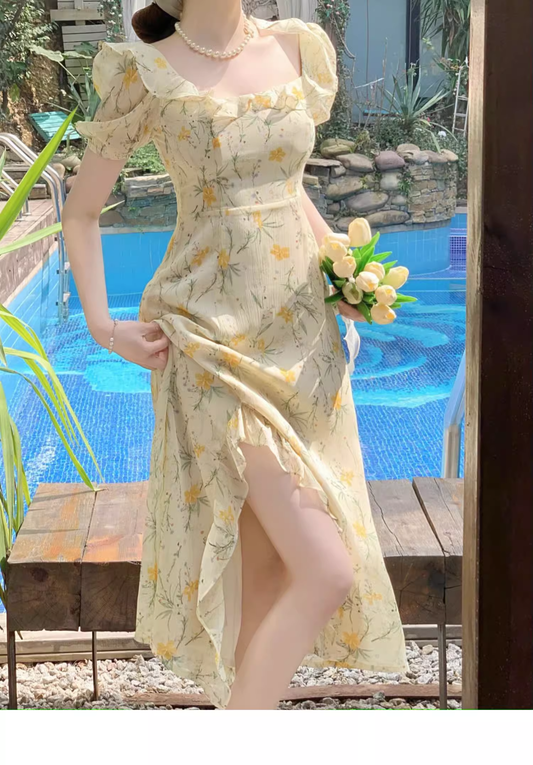 - Beach vacation yellow floral puff sleeve dress for women summer  GEU1132