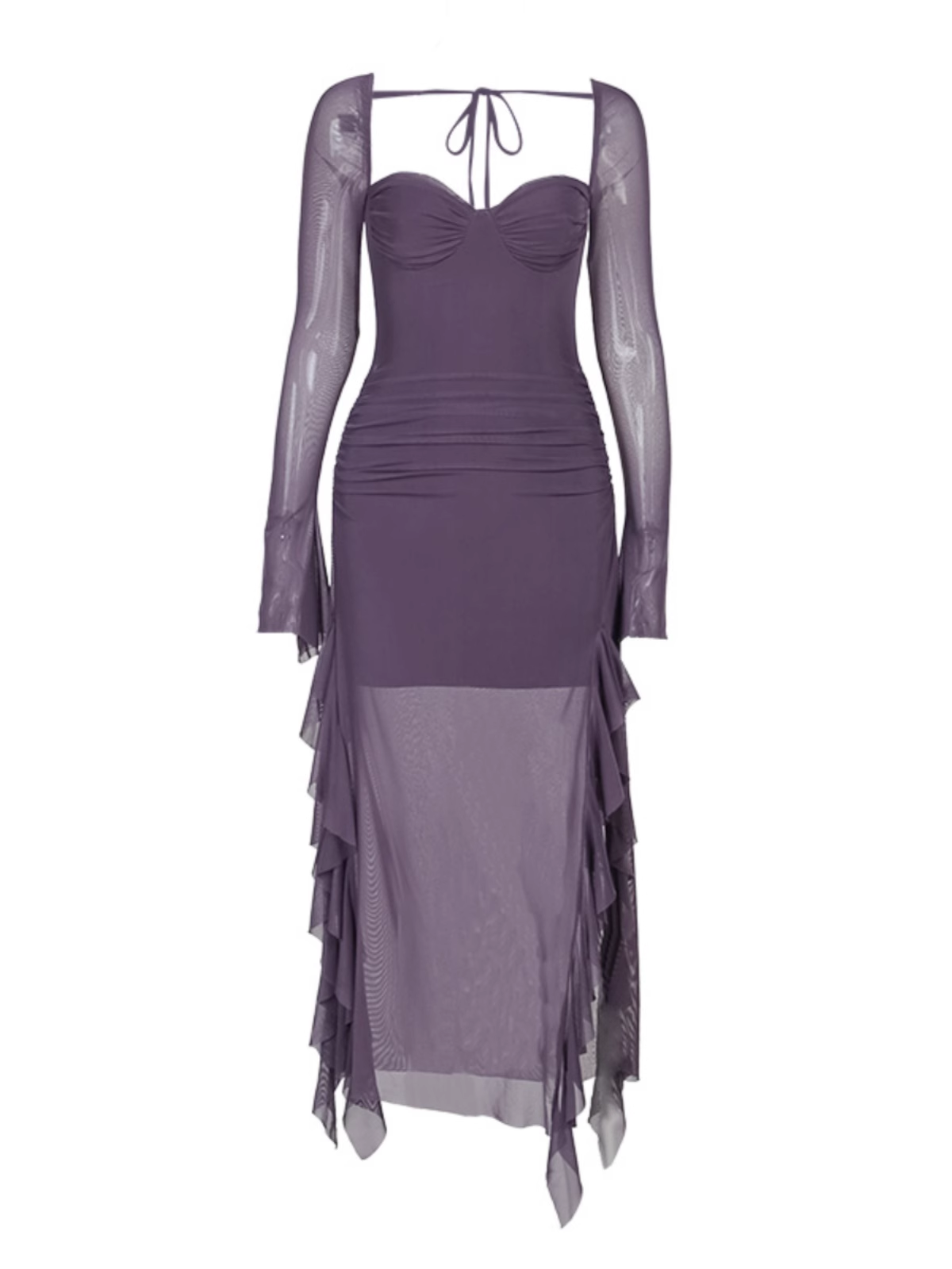 - Fashion Purple Dress Mesh Ruffled Long Sleeves Dress GEU972