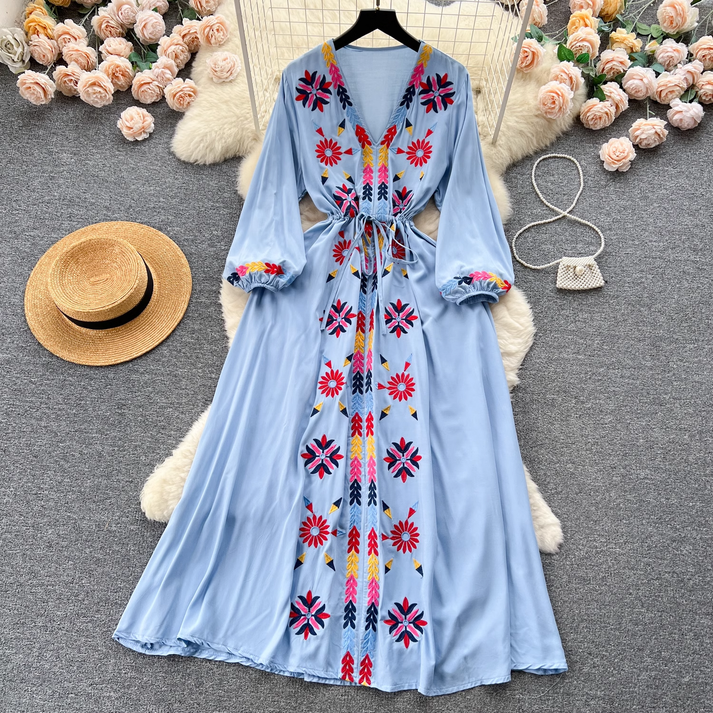 - Embroidered V-neck drawstring waist dress for women retro ethnic style holiday dress GEU558