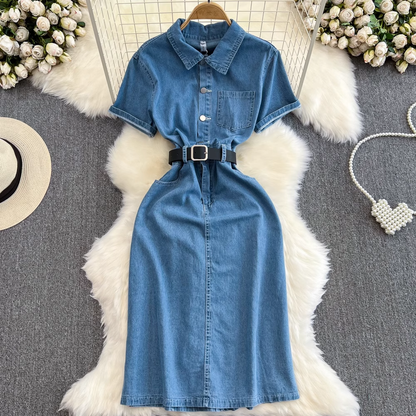 - Short-sleeve lapel mid-length a-line denim dress GEU296