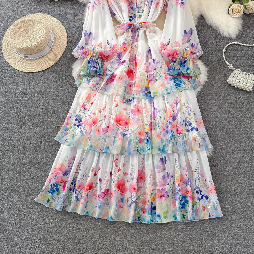 - Lantern long sleeve bow a line print dress GEU1010