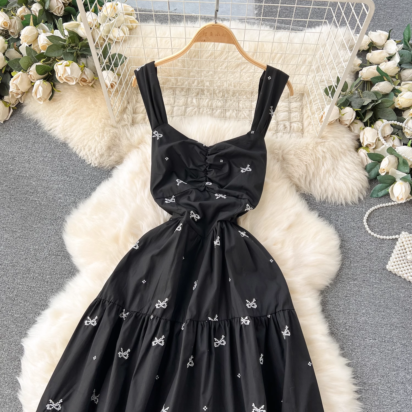 - Embroidered bow tie mid-length resort style suspender dress  GEU1203