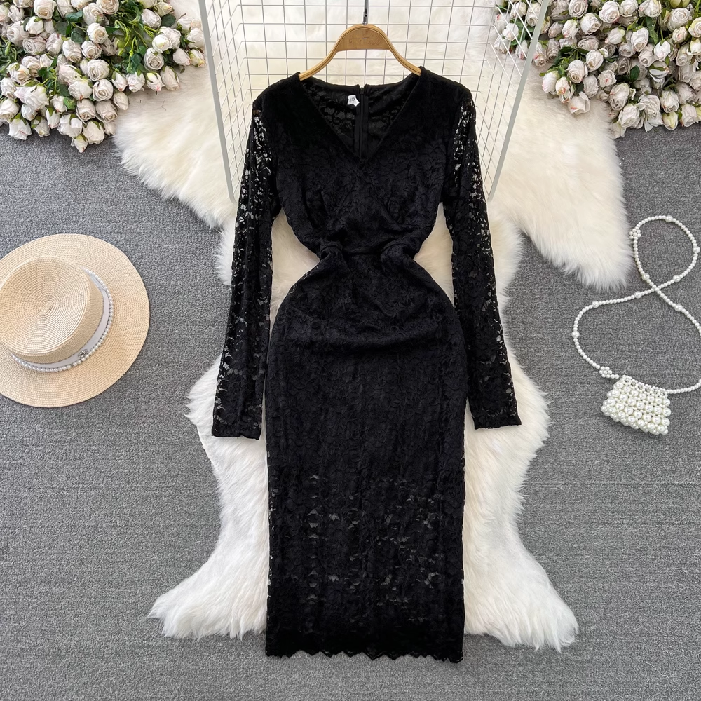 - Women's long-sleeved V-neck mid-length lace dress GEU847