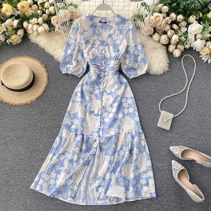- Printed Sexy V-Neck Slit Dress GEU1572