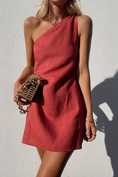 vmtvr Minimalism One Shoulder Linen Mini Dress