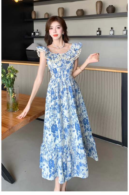 - Women's summer blue oil painting floral dress GEU1159