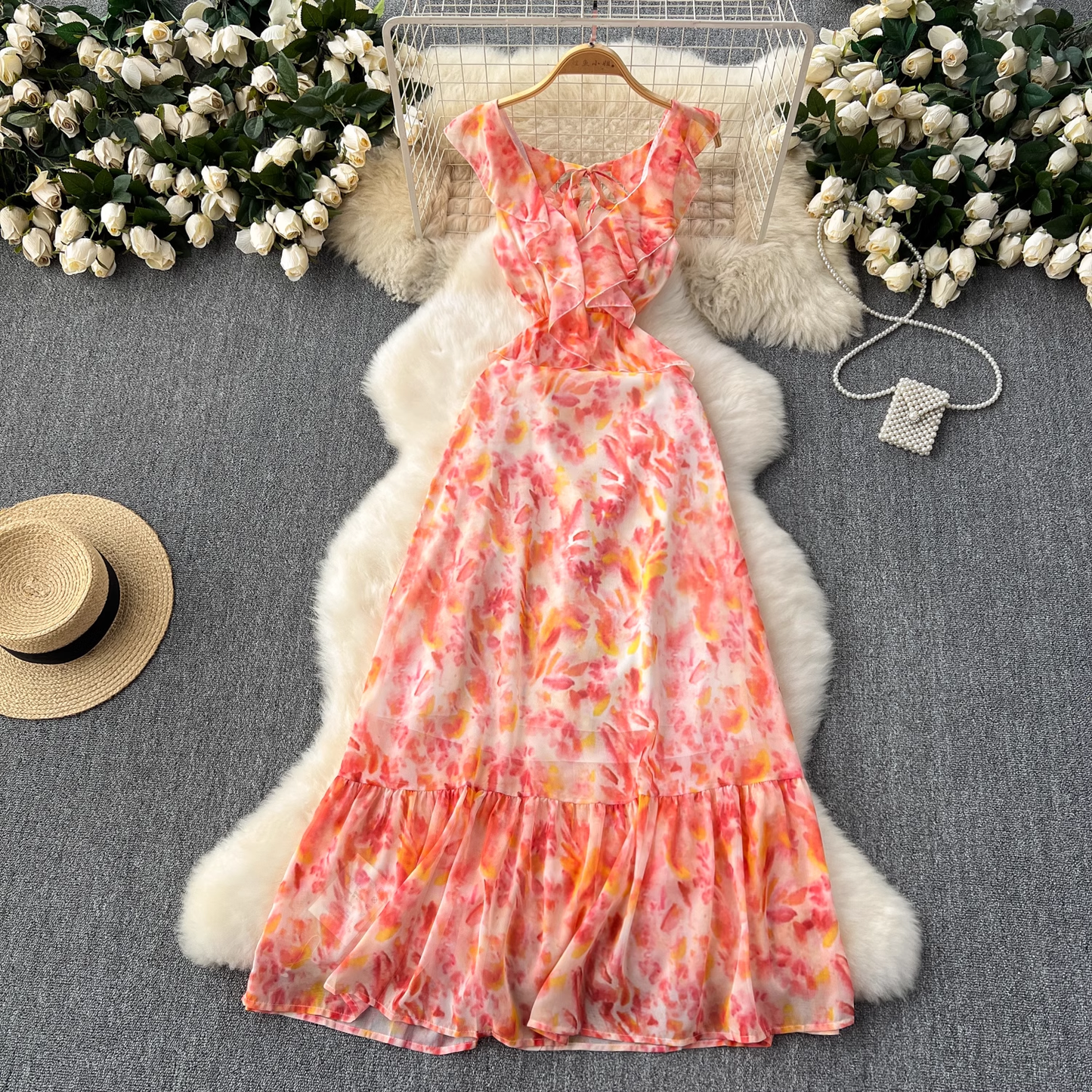 - Sexy hollow backless floral chiffon vacation dress GEU1083