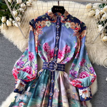 - Retro French mid-length lantern long-sleeve printed dress GEU1095